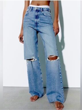 ZARA Wide Leg Distressed High-Rise Jeans - Light Blue